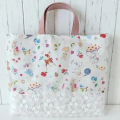 レッスンバッグ 動物刺繍柄 スピカピカ ハンドメイド チュールレース ピンクのサムネイル