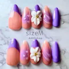 【現品限定】パープルフレンチ×ぷっくりフラワー 夏ギャルネイル