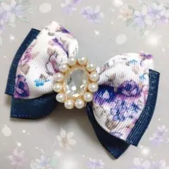 確認　ヘアゴム　ヘアリボン　1404　花柄　バラ　紫　ネイビー