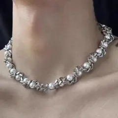 サークル パール チェーン ネックレス シルバー ユニセックス Y2K 韓国