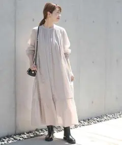 O1113アーバンリサーチロングシャツワンピース長袖無地ベージュコットン綿フレア