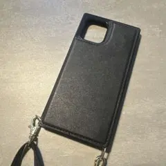 ブラック合成皮革 iPhone12ケース ストラップ付き