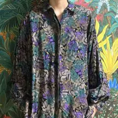 ユニセックス　古着　ボタニカル柄　シャツ　総柄　長袖　アート柄　グレー　個性的