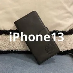 iPhone13 手帳型スマホケース　レザー　黒　柴犬　犬　シンプル