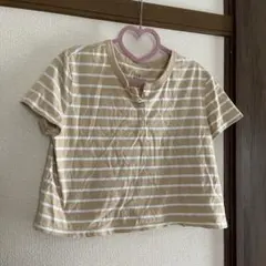 GAP ボーダー ヘンリーネック Tシャツ ベージュ L クロップド丈