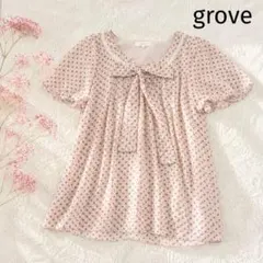 【グローブ】ドット柄 リボンブラウス M シフォン フレア袖 半袖 フェミニンのサムネイル