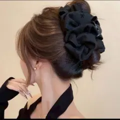 上品ヘアクリップ 韓国風ふんわりまとめ髪　 黒クシュ　髪留め