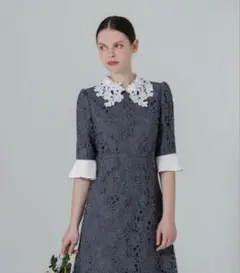 Leja 花柄レースカラースパンコール刺繍Aラインフレアドレスワンピース