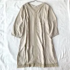【シュカ】リネンチュニック レース 麻混 バックタック 七分袖 Vネック Mのサムネイル