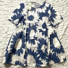 花柄 半袖 チュニック M 花柄 ブルー ホワイト ゆったり フレア タッセル