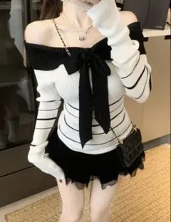 オフショルダー ストライプ ニット