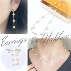 【イヤリング＆ネックレスセット】６mmパール４連イヤリング＆ネックレス シルバー