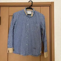 青と白のギンガムチェック長袖シャツ