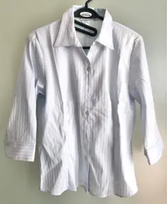 美品 シャツ ブラウス 水色 13号 ストライプ模様 七分袖 XL 大きいサイズ