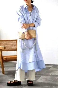 BLUEレイヤード風ストライプロングシャツ　BONJOUR SAGANのサムネイル
