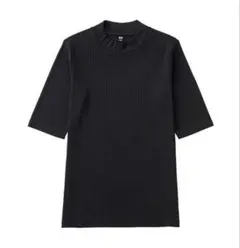 新品　ユニクロ　リブハイネックT（5分袖）　ブラック　M