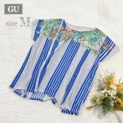 【ジーユー】GU 花柄ストライプブラウス 半袖 ブルー M 248932 ●
