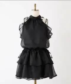 NICE CLAUP アメスリバックリボンミニワンピース 無地ブラック