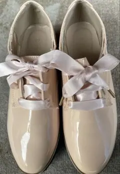 レディースリボンレースアップ厚底シューズ/ピンクベージュ(M)