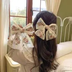 大きなリボンバレッタ　レースリボン髪飾り　刺繍リボンヘアピン　お姫様髪飾り薔薇