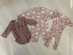 【美品】ピンク フリル付き ニットロンパース３点長袖（6-9M）