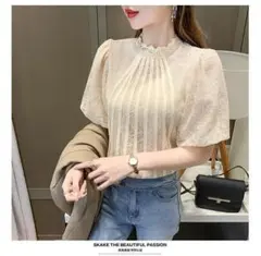 【M】花柄モチーフ レース プチハイネック ボリューム スリーブ ブラウス 女子