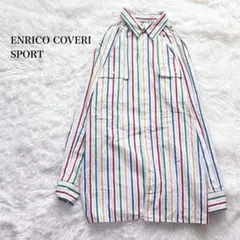 エンリコ ストライプ柄シャツ 長袖 ロング 胸ポケット ロゴ刺繍 コットン100のサムネイル