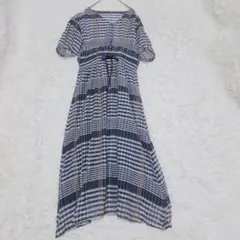 ELLE サイズ38 シルクコットン チェック ロングワンピース 半袖 ネイビーのサムネイル
