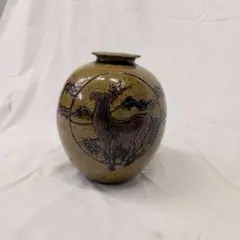 黄瀬戸［鳩花瓶］古久屋窯 川合修二作 父：川合玉堂 ひのき共箱入