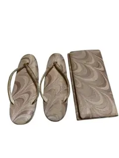 草履 23cm ヒール4cm ピンクベージュ系模様 とバックのセット