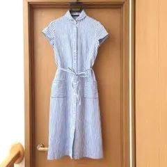 アナカ ブルー白ストライプ丸襟シャツワンピース ミモレ丈