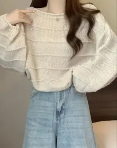 ストライプ編みアイボリーセーター