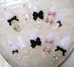 現品♡スナ系量産型地雷ラベンダーピンクホロ×黒リボンちゅるんクリアハートネイル