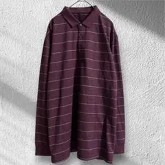 ポロシャツ　長袖　薄手　ボーダー　カジュアル　ワインレッド　ゆるだぼ　L