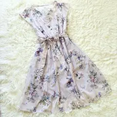 tocco closet フラワープリントワンピース　リボン　膝丈　パールボタン