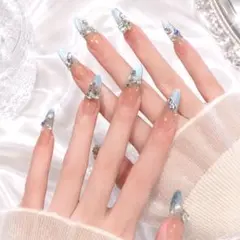 水色×シルバーマグネットフレンチ シアーベージュ ちゅるん 韓国 ネイルチップSのサムネイル
