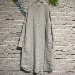 【超美品】無印良品 ノーカラー シャツワンピース ロング 麻 リネン 100%