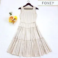 FOXEYNEWYORKノースリーブワンピース ベージュ ストライプ FOXEY ノースリーブ ワンピース ベージュ ストライプ38 - メルカリ
