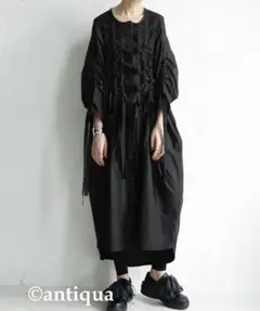 antiqua patterntorso シャツワンピース ロング　リボン　黒