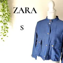 ザラ ZARA デニム風 ショートジャケット ノーカラーブルゾン S ネイビー