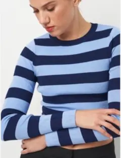 Zara冬服//青と紺のストライプ クロップドニット