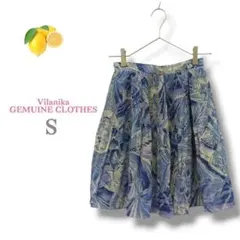 20『Vilanika』花柄ブルー ミニスカート【S】ギャザー 消しプリーツ 春