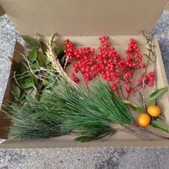 3.お正月飾り　花材7点セット　松・南天・梅・稲穂・雲龍柳・金柑アレンジあしらい