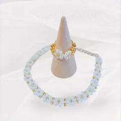 2点セット！花とパールのビーズブレスレットとリング