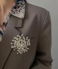 パール 花形 ブローチ 約8cm クリップ式