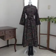 着物リメイク　紬スタンドカラーワンピース