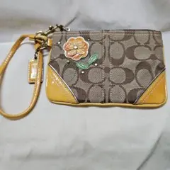 ❤コーチCoach 花刺繍 バックインポーチ ブラウン/イエロー❤