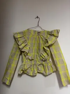 H&M 체크 무늬 프릴 블라우스 긴팔 옐로우