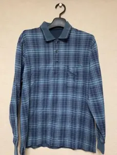 【値引】レナウンブランドEX-CLUB紺×紫×青緑系チェック 長袖ポロシャツ