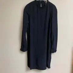 ネイビー 長袖 ひざ丈ワンピース